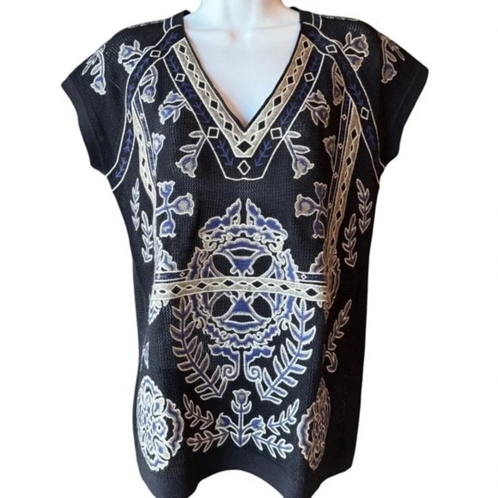 TORY BURCH Jory Lightweight Short Sleeve Knit Sweater Navy Blue Size Small